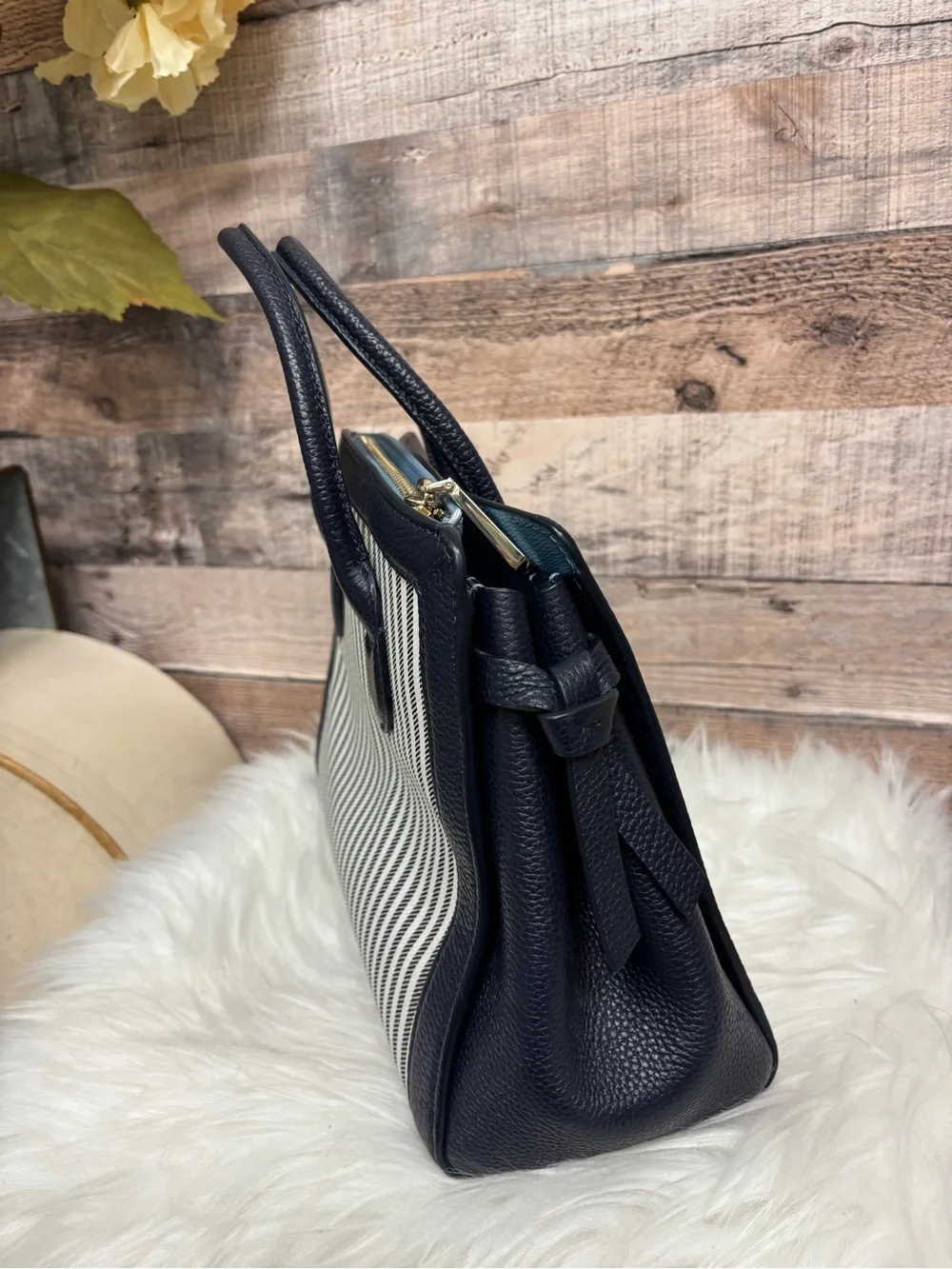 Kate Spade Navy And White Striped Canvas and Leather Mini